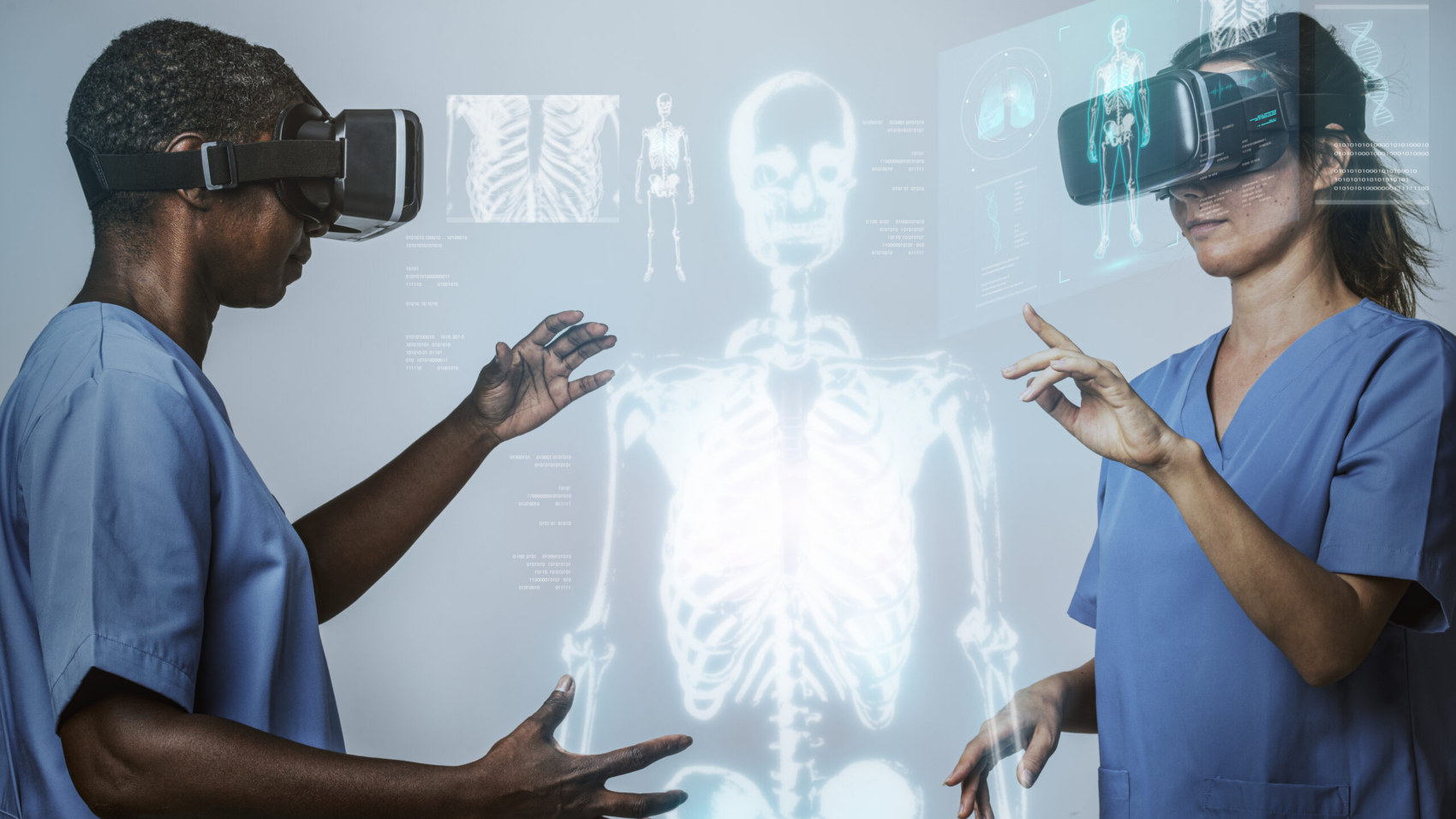 Doctors wearing VR simulation with hologram medical technology